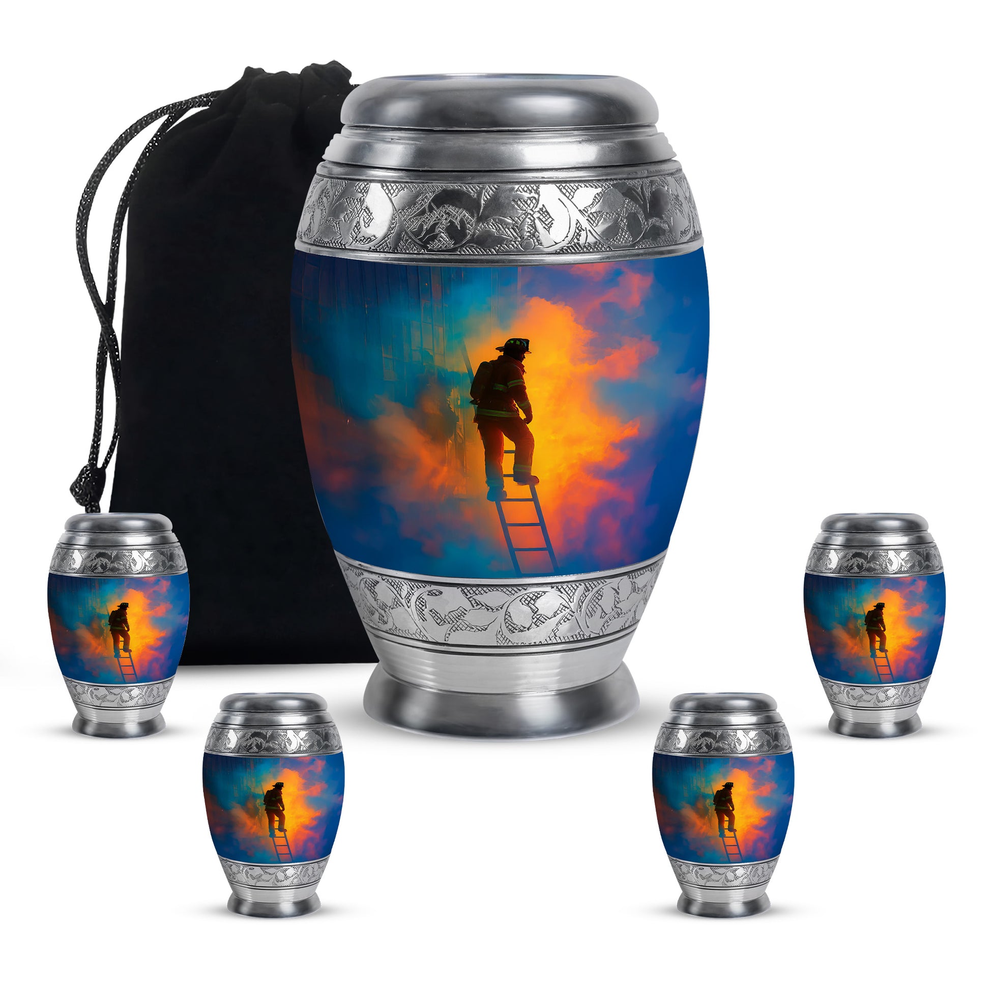 Royal Blue Firefighter Cremation Urn detail view - majestic firefighter pattern with filigree border - memorial set with one large and four small urns
