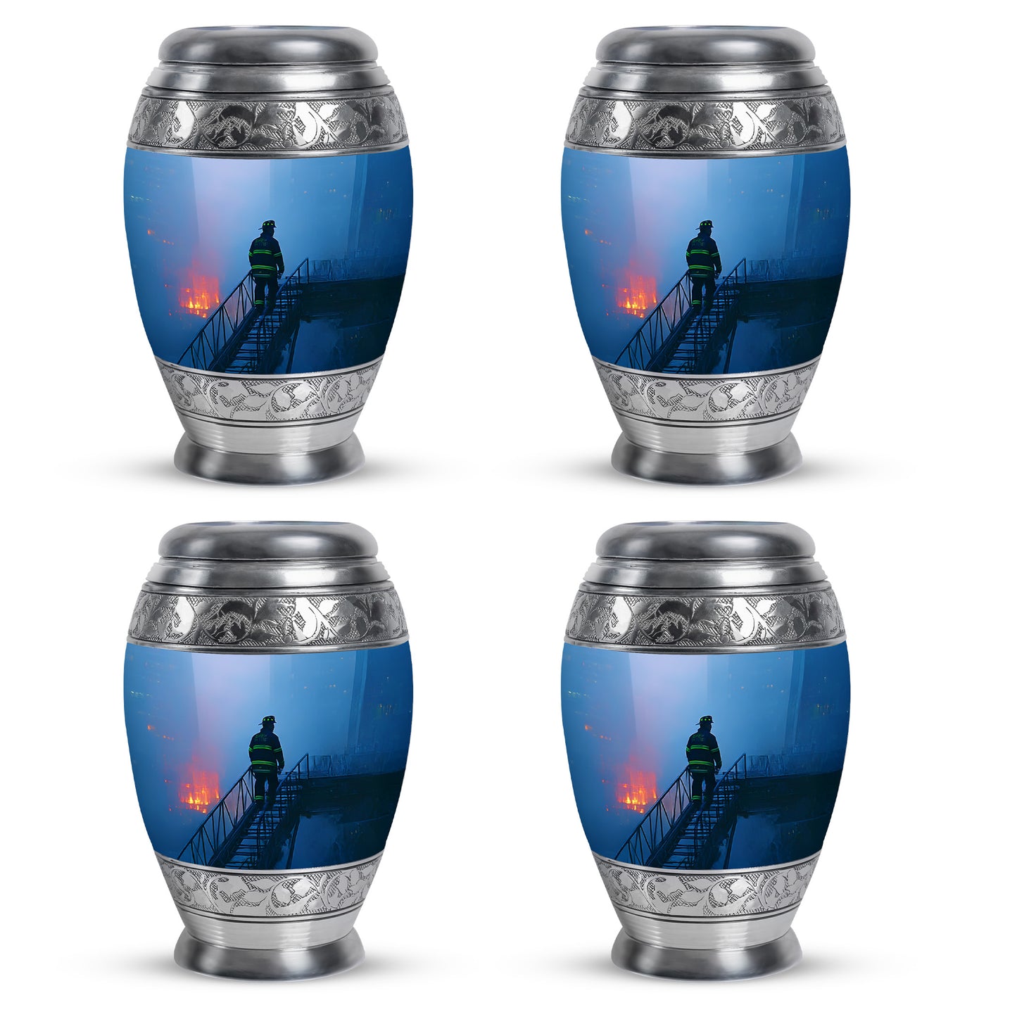 Indigo Firefighter Cremation Urn urn with complimentary velvet bag - regal firefighter design with crown-inspired accents - 10 inch aluminum urn for cremated remains