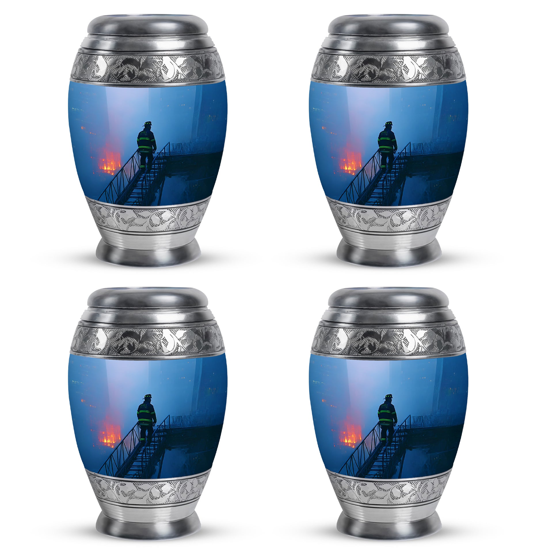 Indigo Firefighter Cremation Urn urn with complimentary velvet bag - regal firefighter design with crown-inspired accents - 10 inch aluminum urn for cremated remains