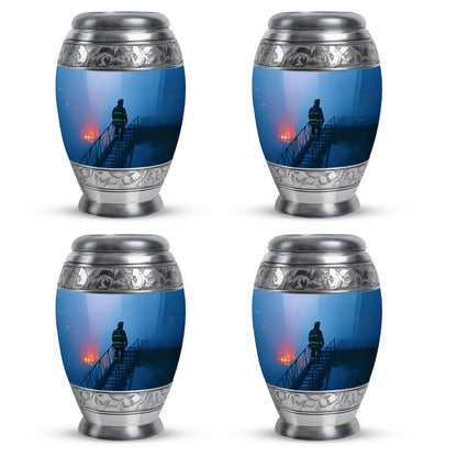 Indigo Firefighter Cremation Urn urn with complimentary velvet bag - regal firefighter design with crown-inspired accents - 10 inch aluminum urn for cremated remains