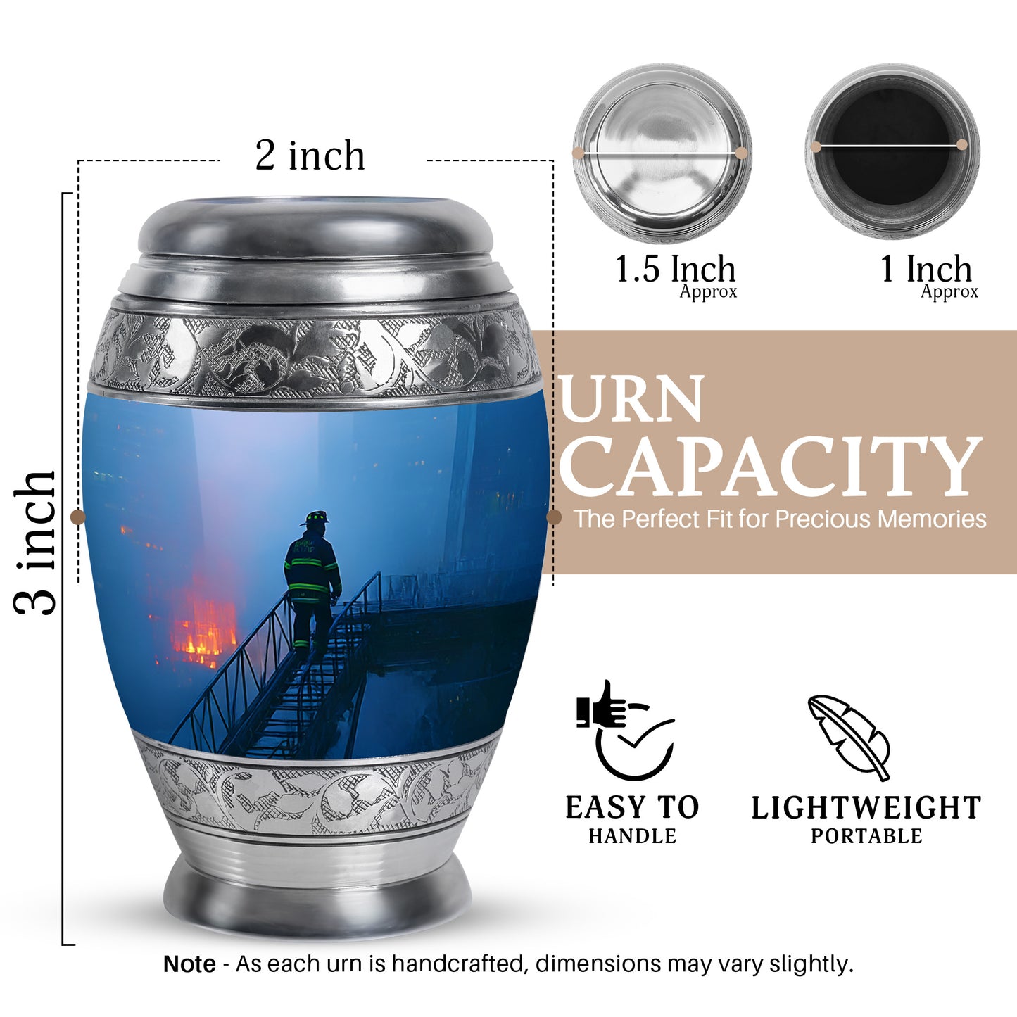 Cornflower Blue Firefighter Cremation Urn lifestyle display on memorial shelf - royal firefighter engraving with decorative scrollwork - mini keepsake memorial for portion of cremation ashes