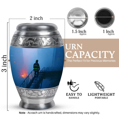 Cornflower Blue Firefighter Cremation Urn lifestyle display on memorial shelf - royal firefighter engraving with decorative scrollwork - mini keepsake memorial for portion of cremation ashes