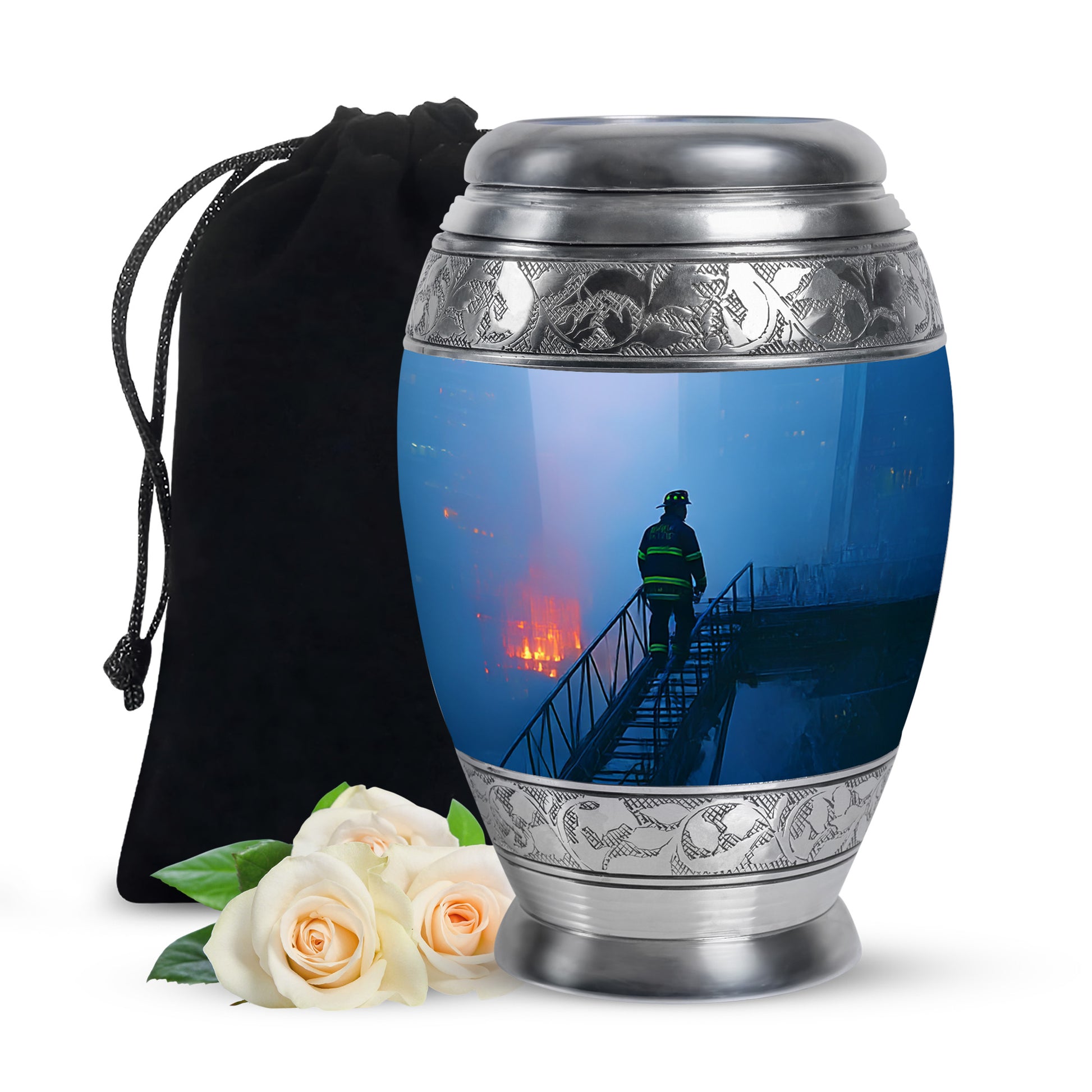 Pastel Blue Firefighter Cremation Urn back view with polished surface - regal firefighter design with crown-inspired accents - full-size 10 inch 200 cubic inch adult cremation urn