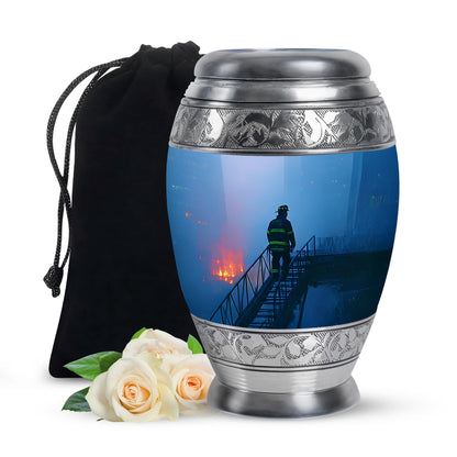 Pastel Blue Firefighter Cremation Urn back view with polished surface - regal firefighter design with crown-inspired accents - full-size 10 inch 200 cubic inch adult cremation urn