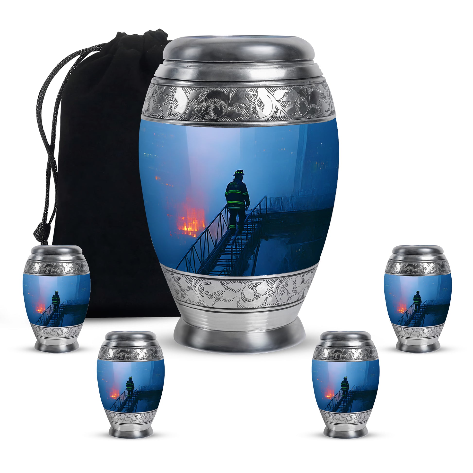 Celestial Blue Firefighter Cremation Urn detail view - regal firefighter design with crown-inspired accents - memorial set with one large and four small urns