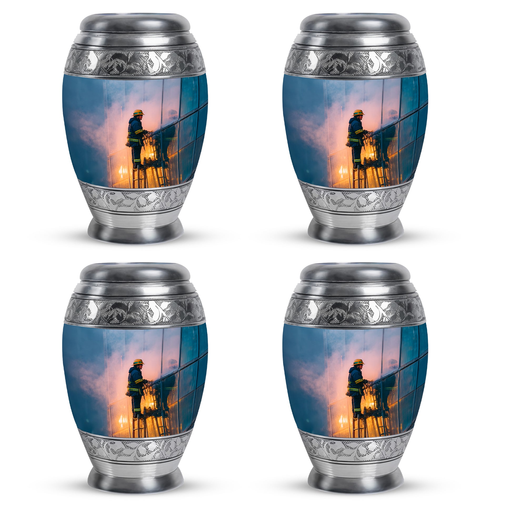 Soft Blue Firefighter Cremation Urn urn with complimentary velvet bag - majestic firefighter pattern with filigree border - 10 inch aluminum urn for cremated remains