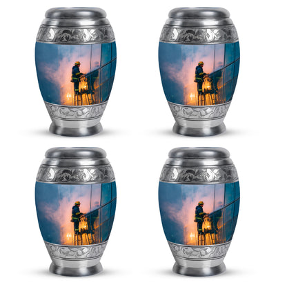 Soft Blue Firefighter Cremation Urn urn with complimentary velvet bag - majestic firefighter pattern with filigree border - 10 inch aluminum urn for cremated remains