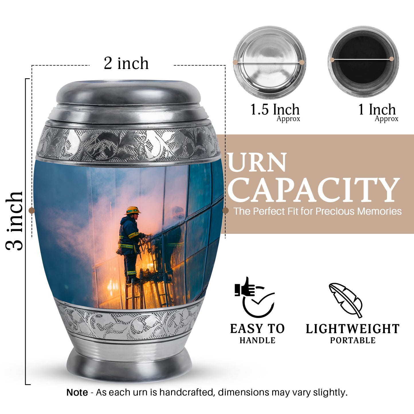 Celestial Blue Firefighter Cremation Urn lifestyle display on memorial shelf - regal firefighter design with crown-inspired accents - mini keepsake memorial for portion of cremation ashes