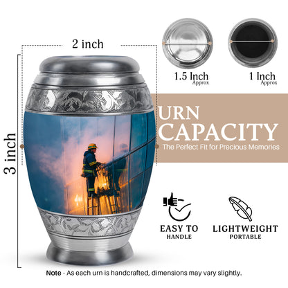 Celestial Blue Firefighter Cremation Urn lifestyle display on memorial shelf - regal firefighter design with crown-inspired accents - mini keepsake memorial for portion of cremation ashes