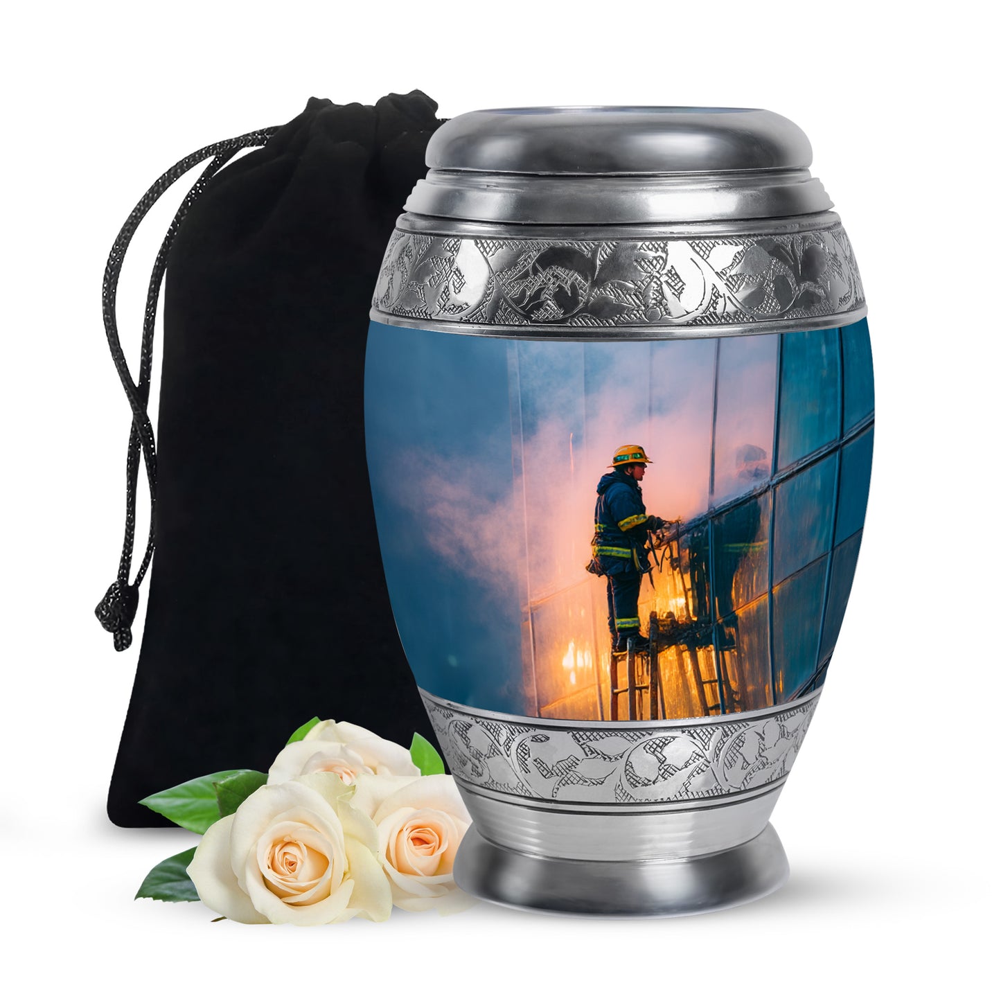 Bright Blue Firefighter Cremation Urn back view with polished surface - majestic firefighter pattern with filigree border - full-size 10 inch 200 cubic inch adult cremation urn