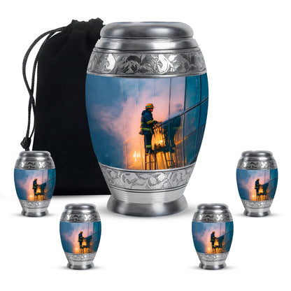 Serene Blue Firefighter Cremation Urn detail view - majestic firefighter pattern with filigree border - memorial set with one large and four small urns