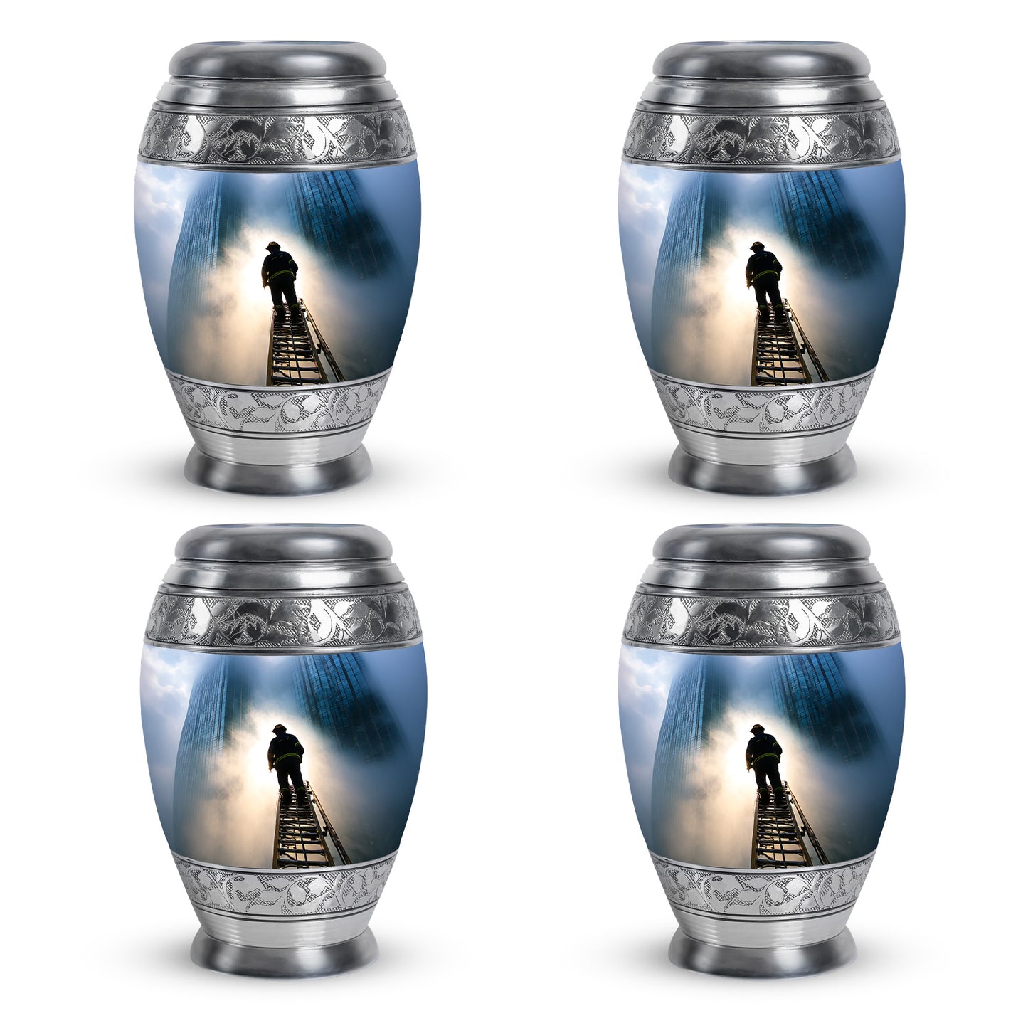 Twilight Blue Firefighter Cremation Urn urn with complimentary velvet bag - royal firefighter engraving with decorative scrollwork - 10 inch aluminum urn for cremated remains