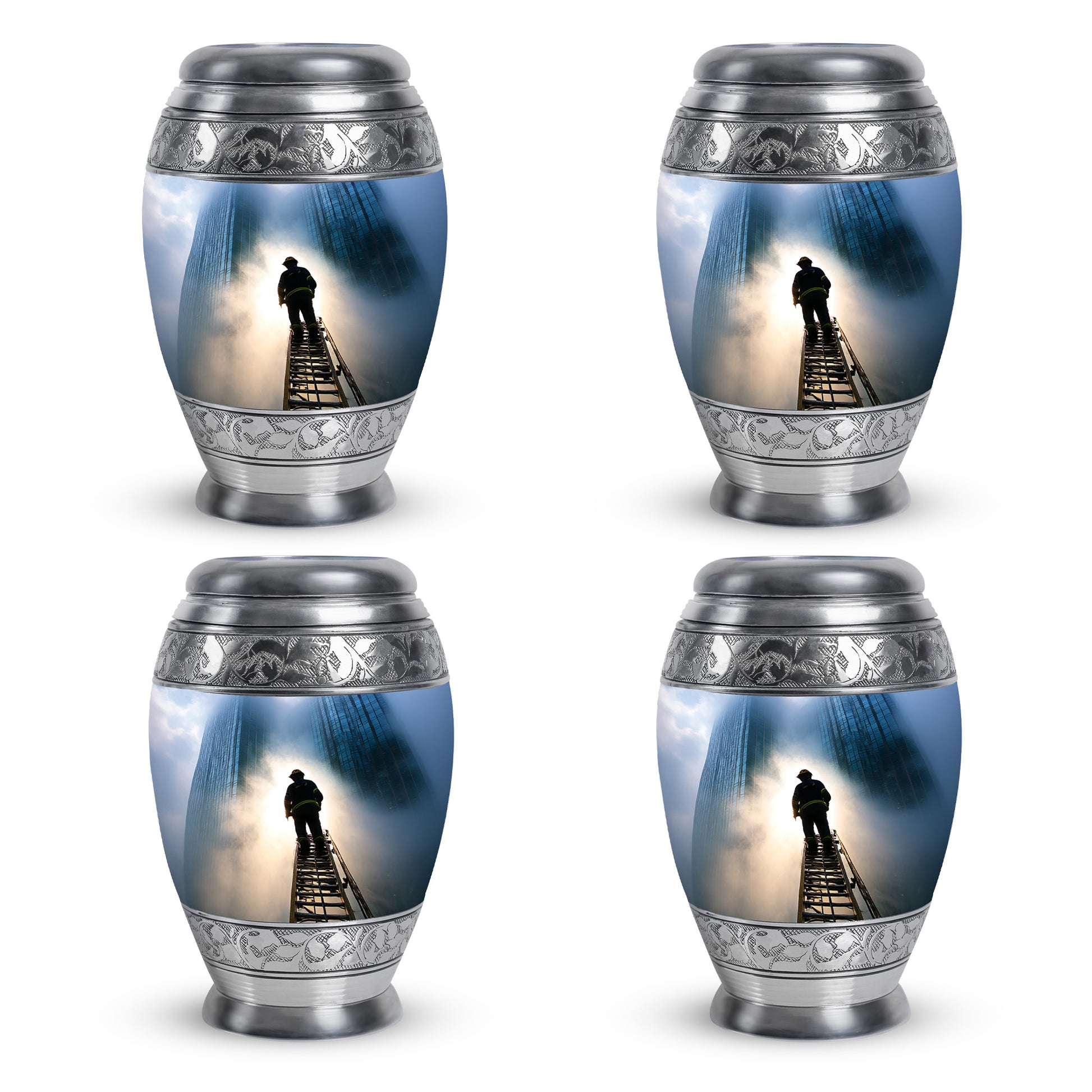 Twilight Blue Firefighter Cremation Urn urn with complimentary velvet bag - royal firefighter engraving with decorative scrollwork - 10 inch aluminum urn for cremated remains