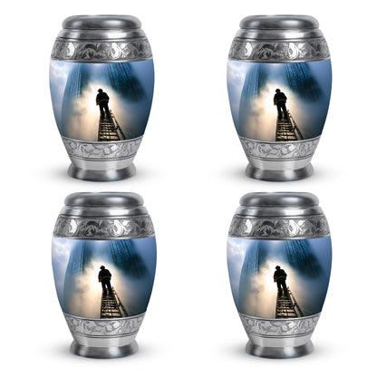 Twilight Blue Firefighter Cremation Urn urn with complimentary velvet bag - royal firefighter engraving with decorative scrollwork - 10 inch aluminum urn for cremated remains