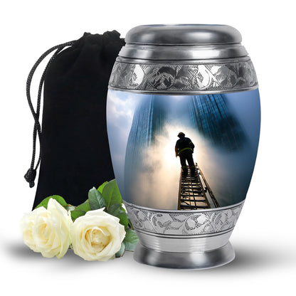 Dusty Blue Firefighter Cremation Urn back view with polished surface - ornate monarch-style firefighter relief on brushed aluminum - full-size 10 inch 200 cubic inch adult cremation urn