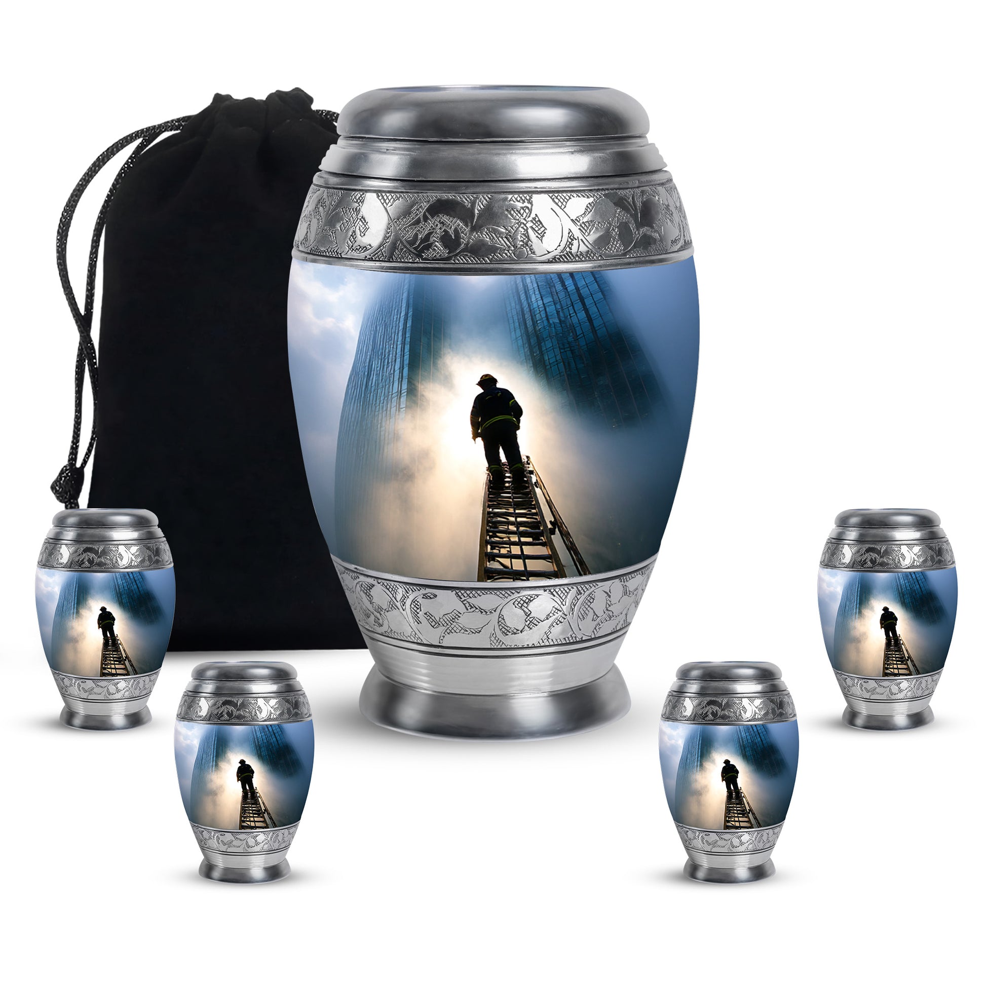 Icy Blue Firefighter Cremation Urn detail view - ornate monarch-style firefighter relief on brushed aluminum - memorial set with one large and four small urns