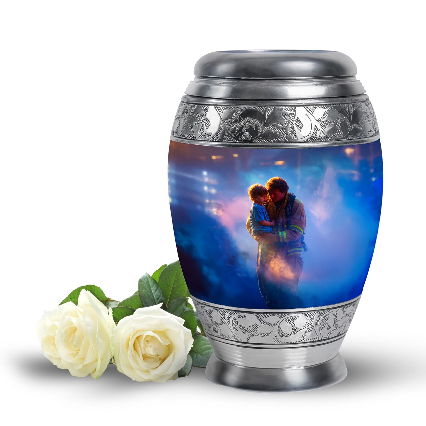 Personalized Blue Heavenly Firefighter Cremation Urns for Human Ashes - 10-inch, 200 cu in - Yatskia