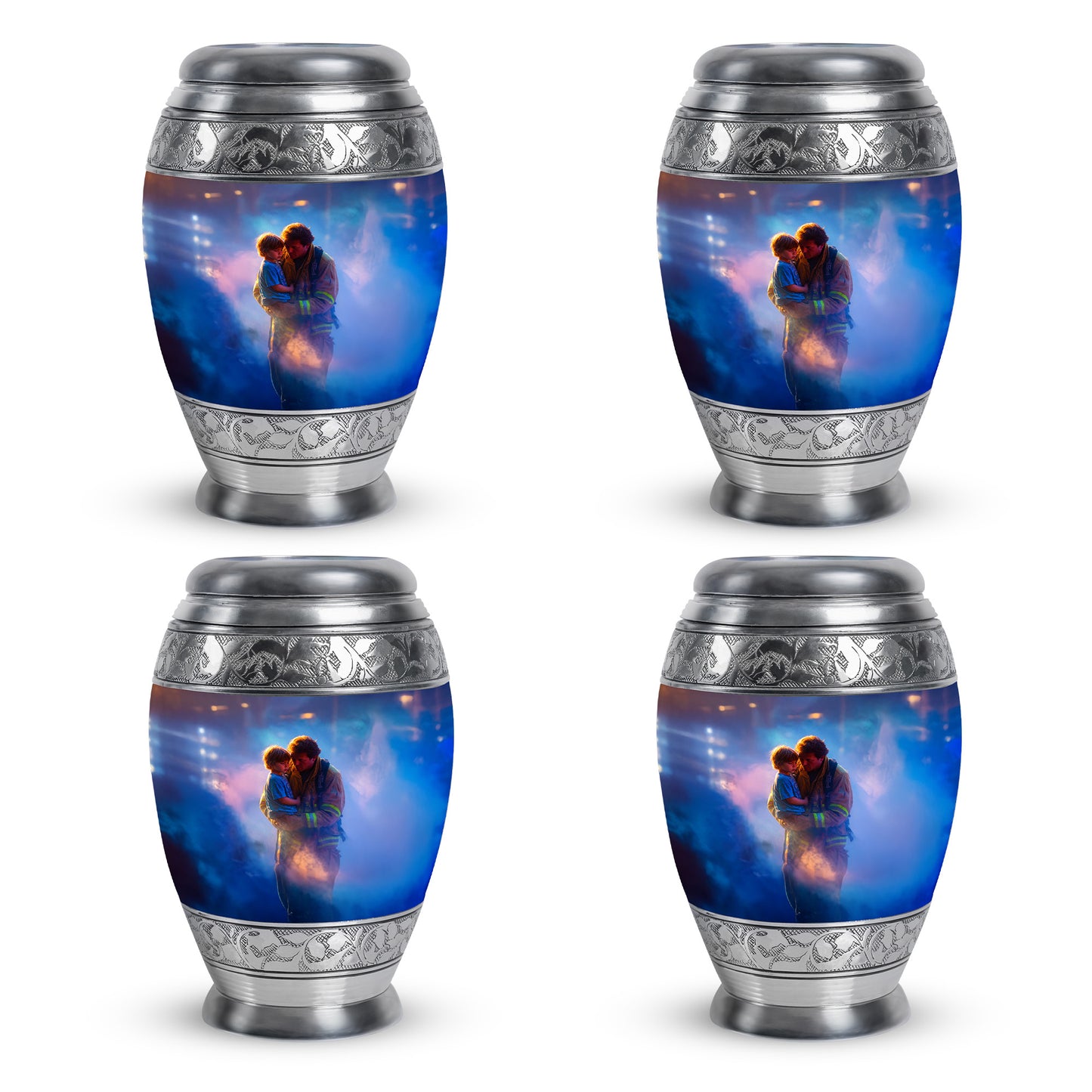 Navy Blue Firefighter Cremation Urn urn with complimentary velvet bag - regal firefighter design with crown-inspired accents - 10 inch aluminum urn for cremated remains