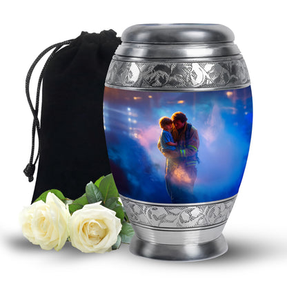 Soft Blue Firefighter Cremation Urn back view with polished surface - royal firefighter engraving with decorative scrollwork - full-size 10 inch 200 cubic inch adult cremation urn