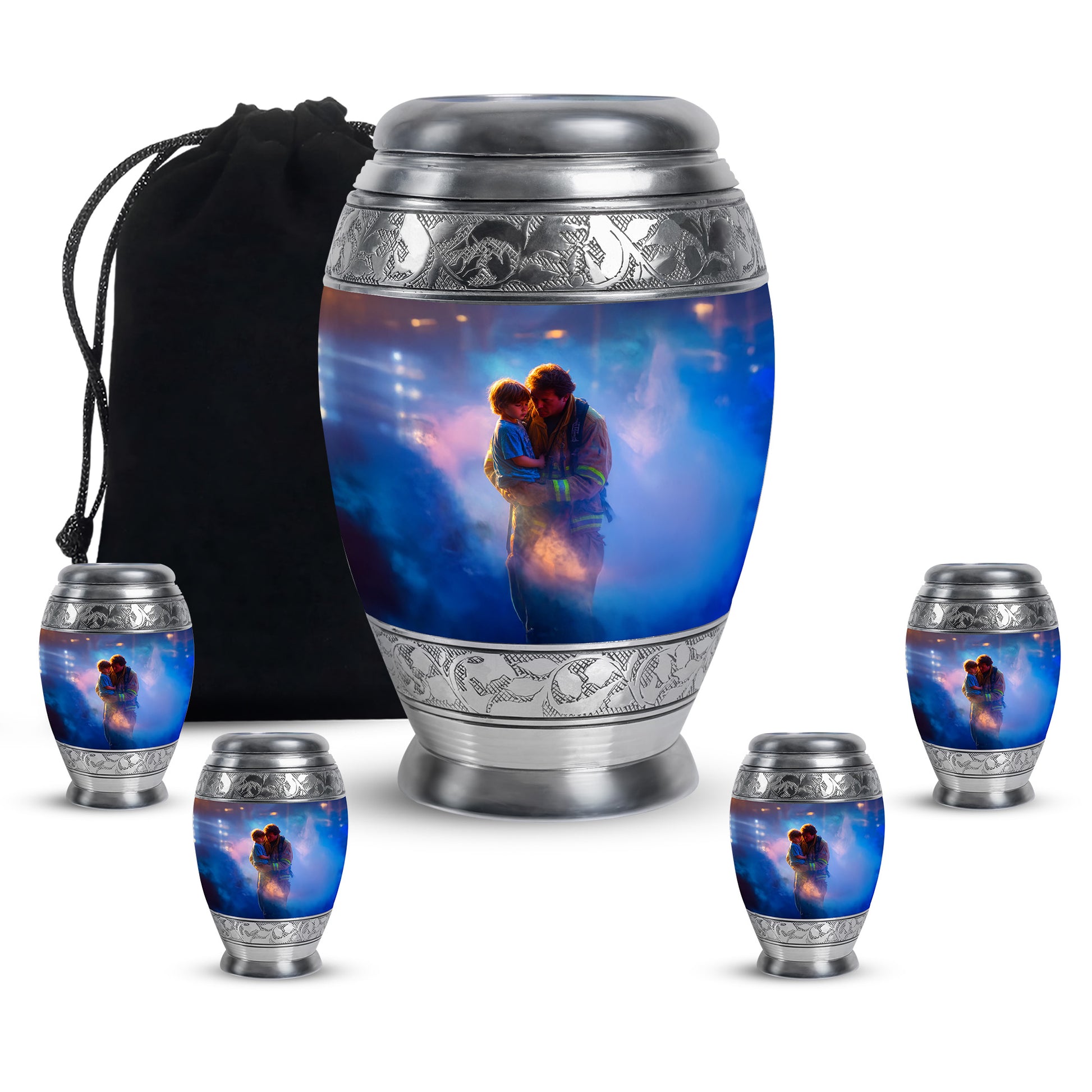 Azure Firefighter Cremation Urn detail view - regal firefighter design with crown-inspired accents - memorial set with one large and four small urns