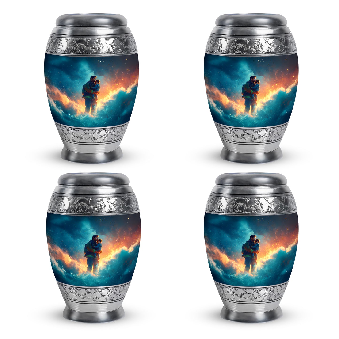 Misty Blue Firefighter Cremation Urn urn with complimentary velvet bag - ornate monarch-style firefighter relief on brushed aluminum - 10 inch aluminum urn for cremated remains