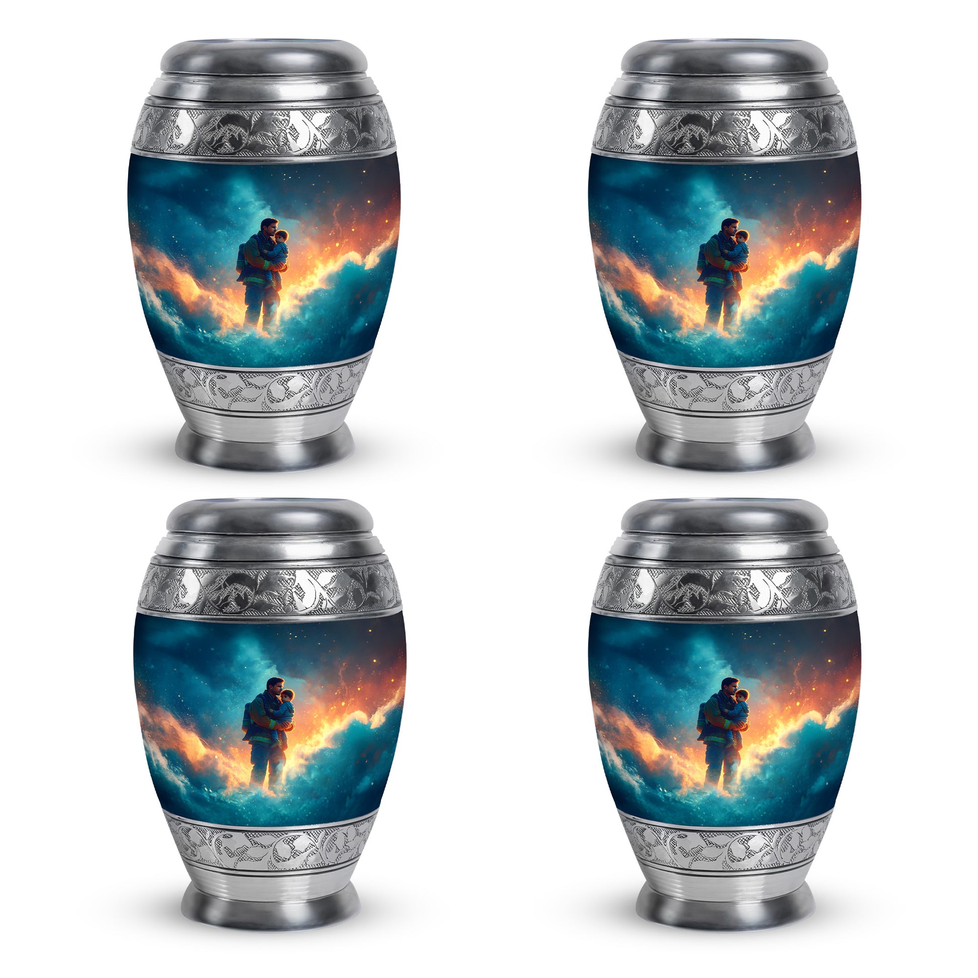 Misty Blue Firefighter Cremation Urn urn with complimentary velvet bag - ornate monarch-style firefighter relief on brushed aluminum - 10 inch aluminum urn for cremated remains