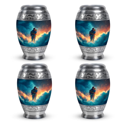 Misty Blue Firefighter Cremation Urn urn with complimentary velvet bag - ornate monarch-style firefighter relief on brushed aluminum - 10 inch aluminum urn for cremated remains