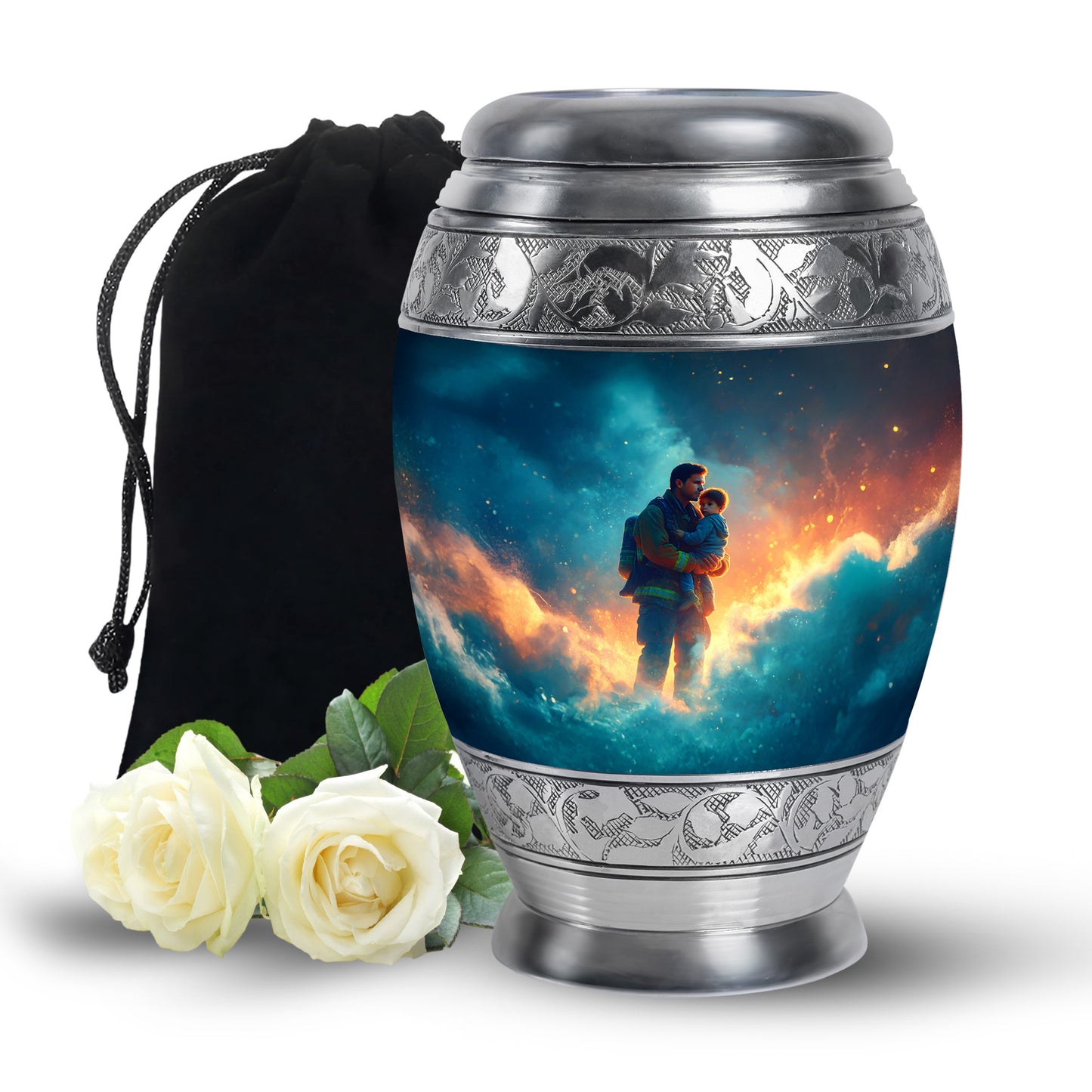 Royal Blue Firefighter Cremation Urn back view with polished surface - majestic firefighter pattern with filigree border - full-size 10 inch 200 cubic inch adult cremation urn