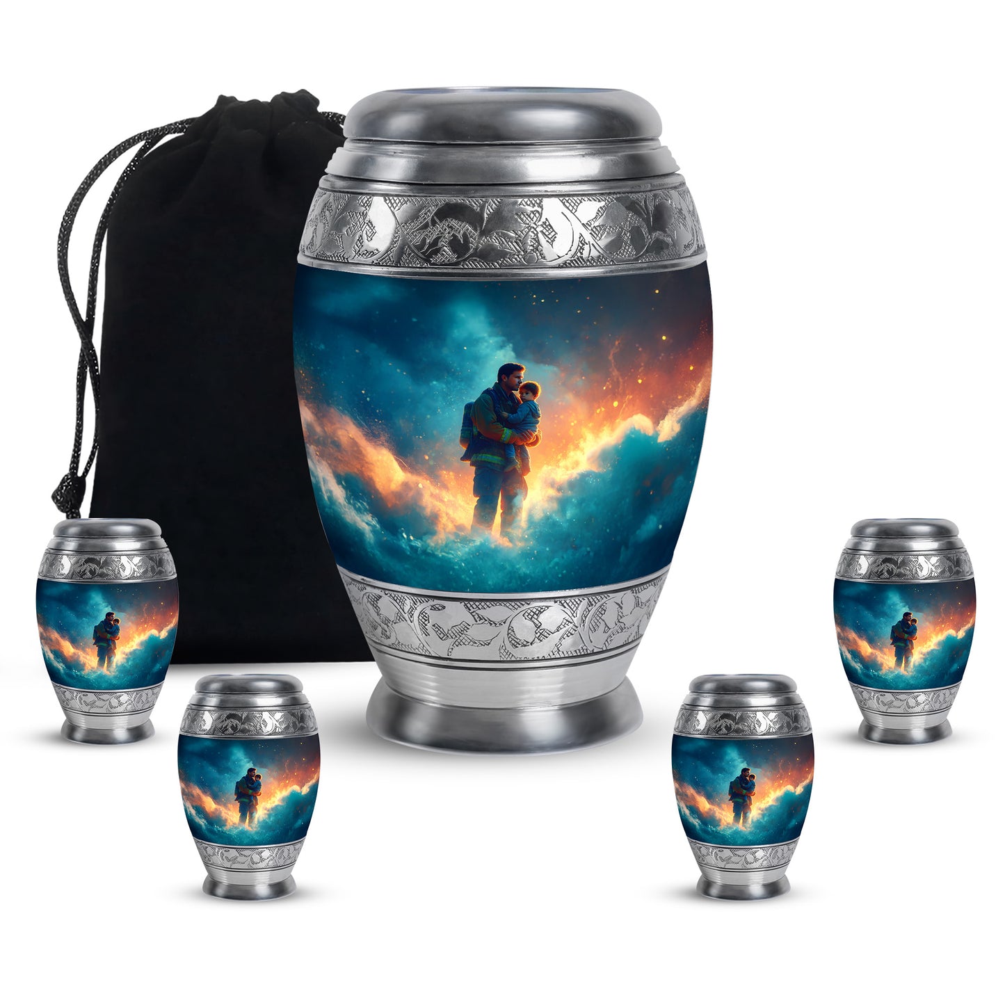 Dusty Blue Firefighter Cremation Urn detail view - regal firefighter design with crown-inspired accents - memorial set with one large and four small urns