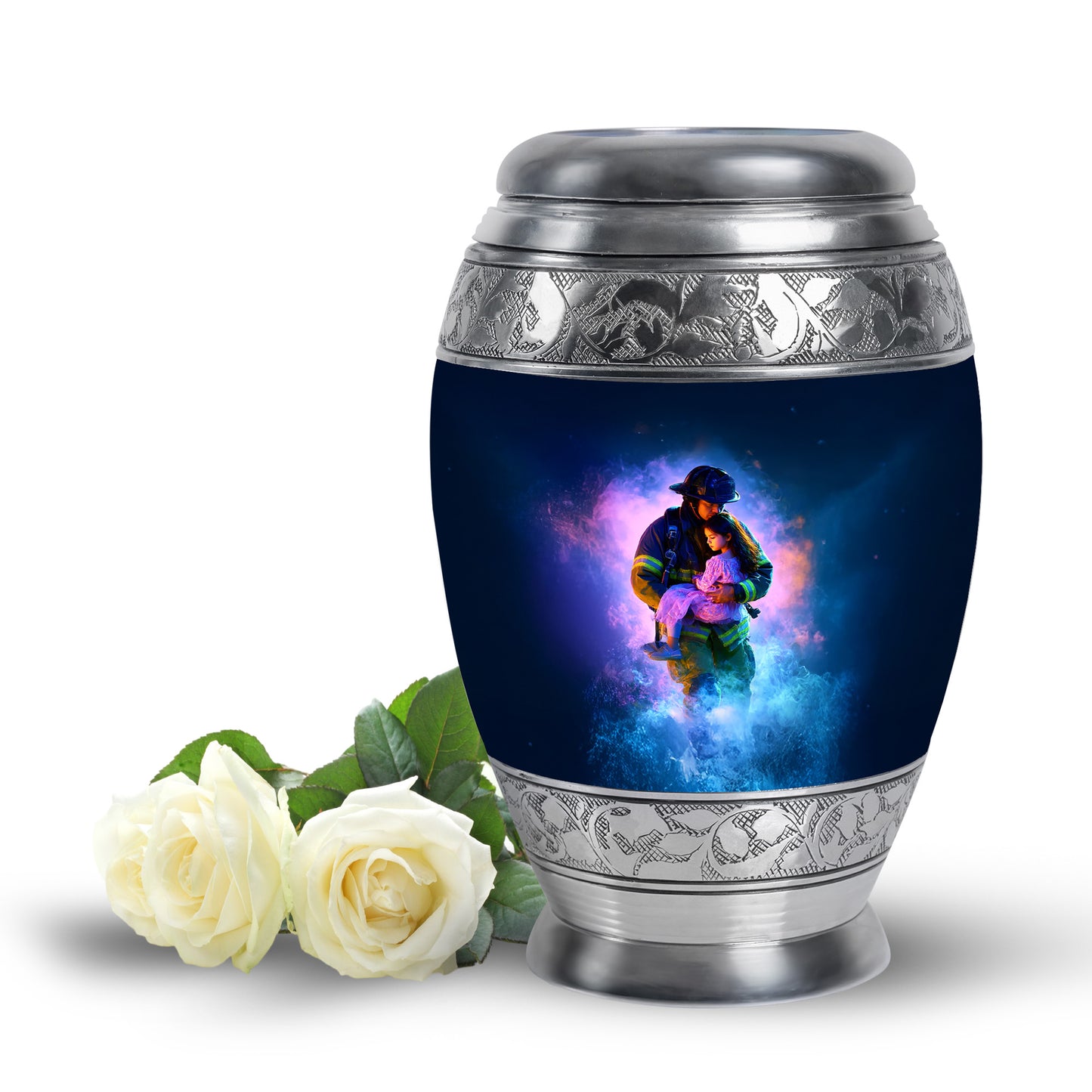 Blue Beloved Firefighter Cremation Urns for Human Ashes - 10-inch, 200 cu in - Yatskia