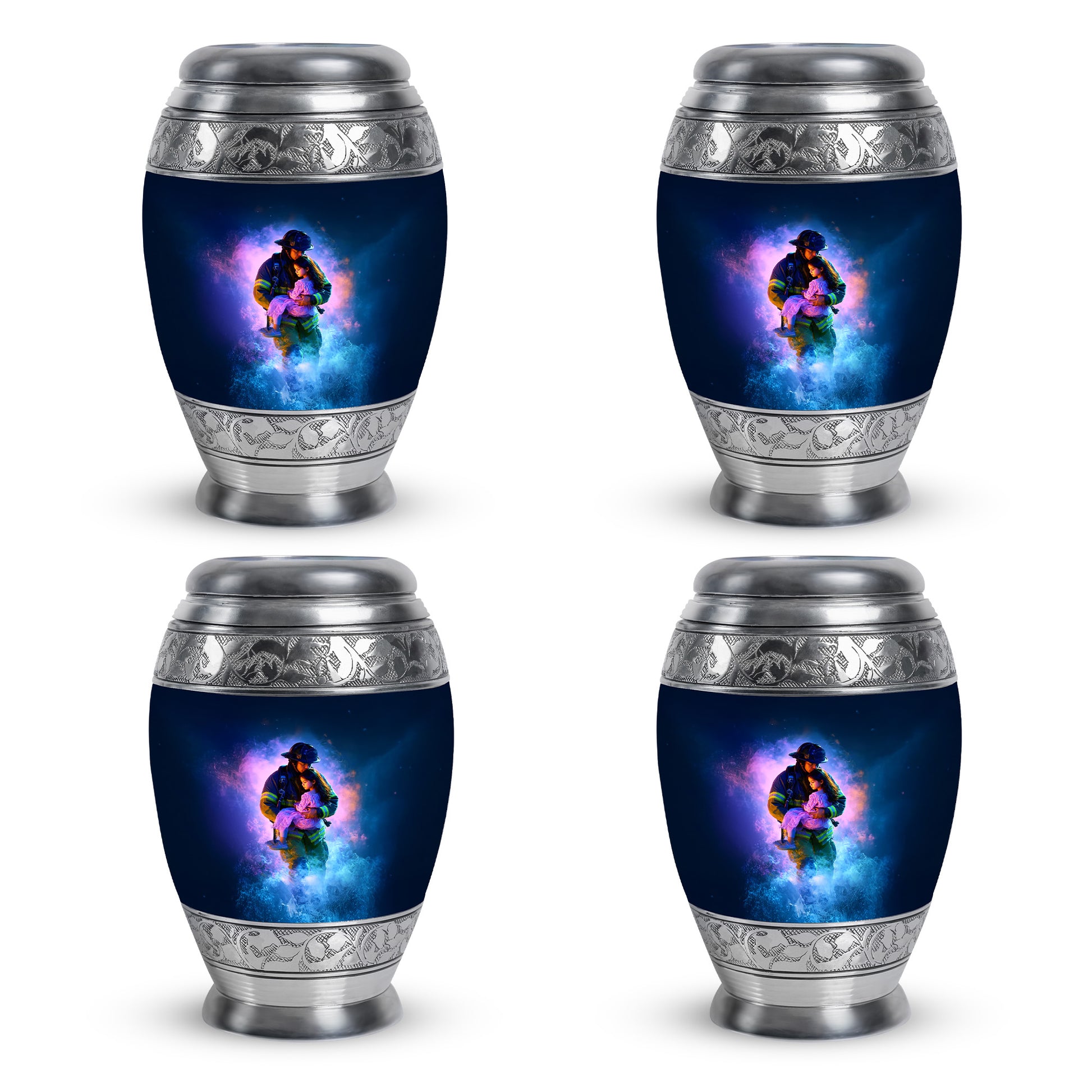 Cornflower Blue Firefighter Cremation Urn urn with complimentary velvet bag - majestic firefighter pattern with filigree border - 10 inch aluminum urn for cremated remains