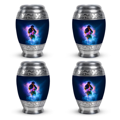 Cornflower Blue Firefighter Cremation Urn urn with complimentary velvet bag - majestic firefighter pattern with filigree border - 10 inch aluminum urn for cremated remains