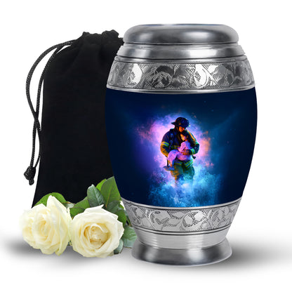 Misty Blue Firefighter Cremation Urn back view with polished surface - regal firefighter design with crown-inspired accents - full-size 10 inch 200 cubic inch adult cremation urn