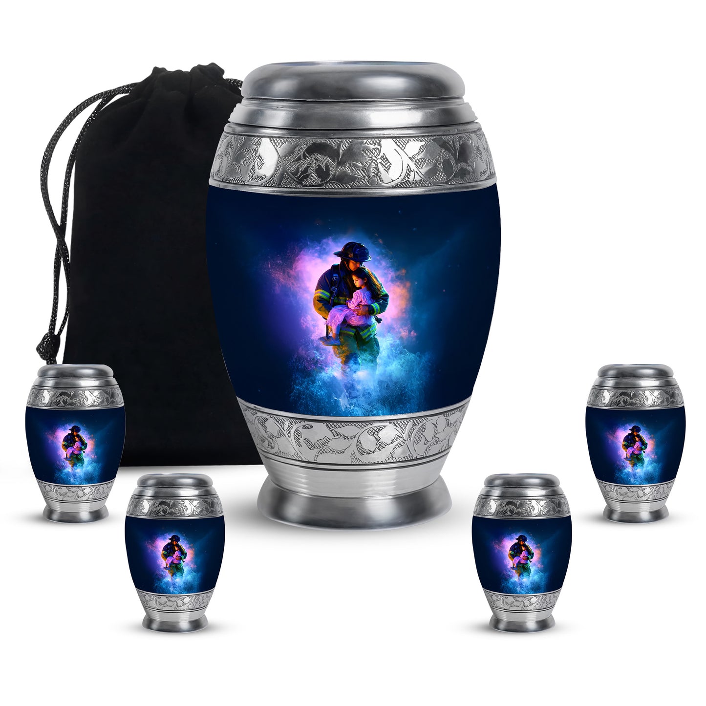 Soft Blue Firefighter Cremation Urn detail view - majestic firefighter pattern with filigree border - memorial set with one large and four small urns