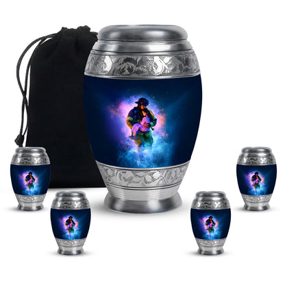 Soft Blue Firefighter Cremation Urn detail view - majestic firefighter pattern with filigree border - memorial set with one large and four small urns