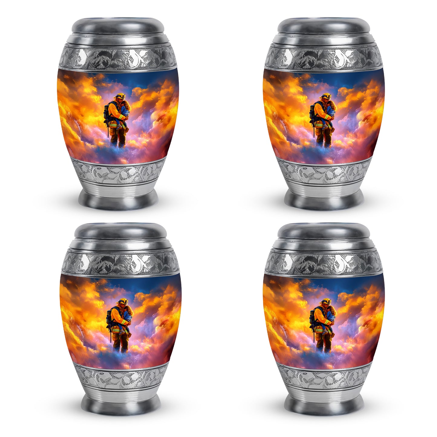Misty Blue Firefighter Cremation Urn urn with complimentary velvet bag - regal firefighter design with crown-inspired accents - 10 inch aluminum urn for cremated remains