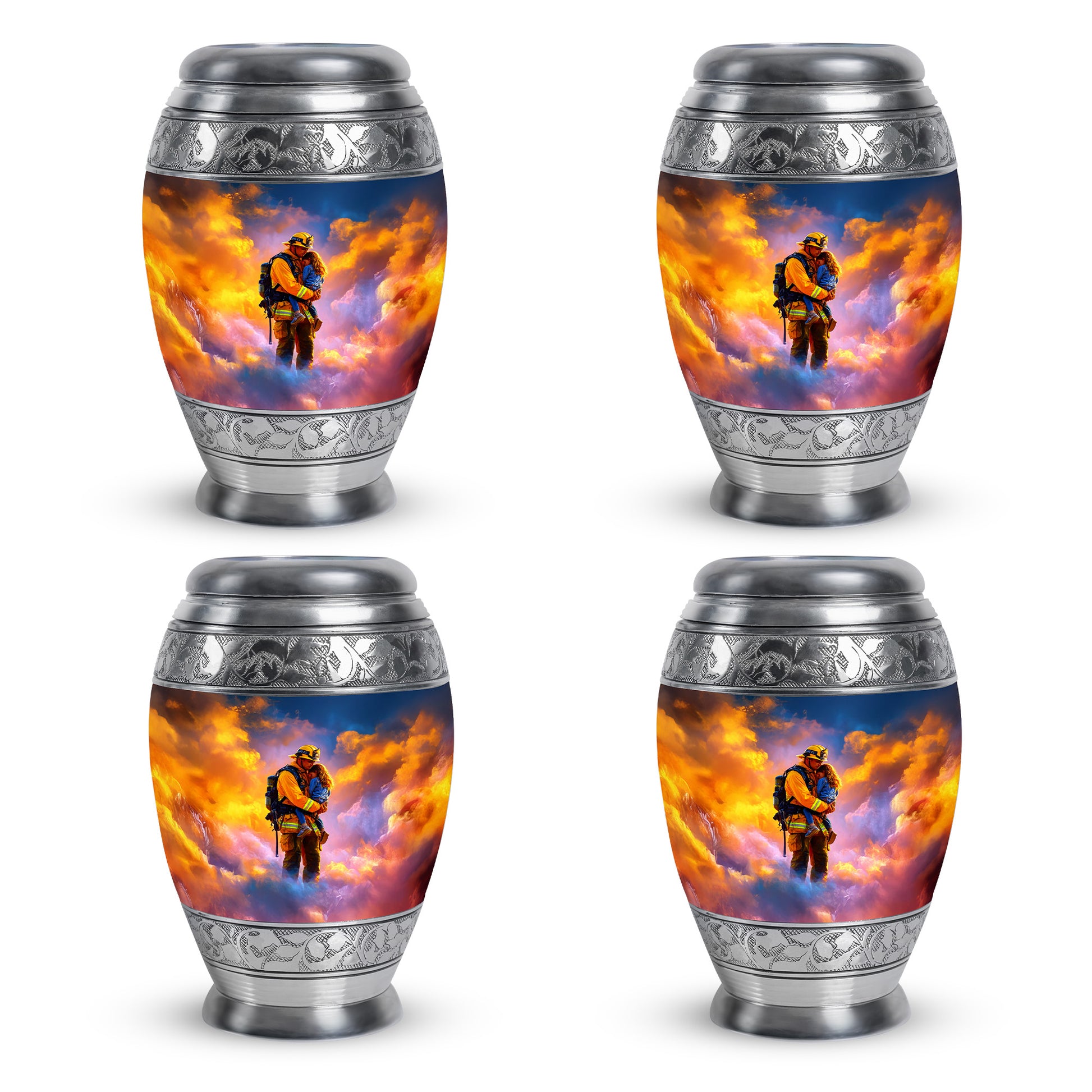 Misty Blue Firefighter Cremation Urn urn with complimentary velvet bag - regal firefighter design with crown-inspired accents - 10 inch aluminum urn for cremated remains