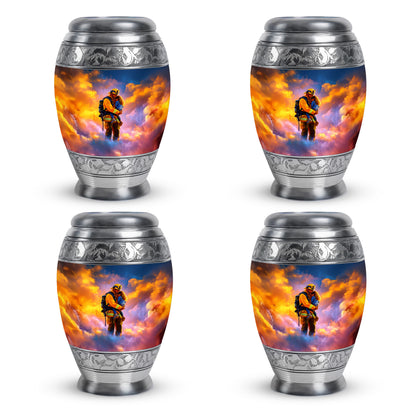 Misty Blue Firefighter Cremation Urn urn with complimentary velvet bag - regal firefighter design with crown-inspired accents - 10 inch aluminum urn for cremated remains