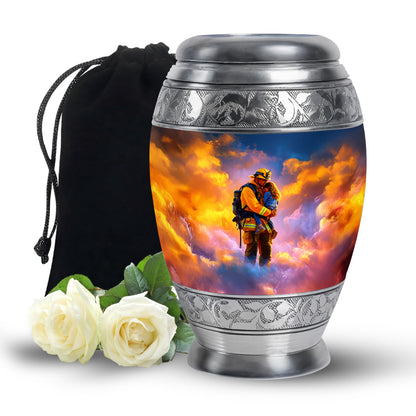 Calming Blue Firefighter Cremation Urn back view with polished surface - majestic firefighter pattern with filigree border - full-size 10 inch 200 cubic inch adult cremation urn