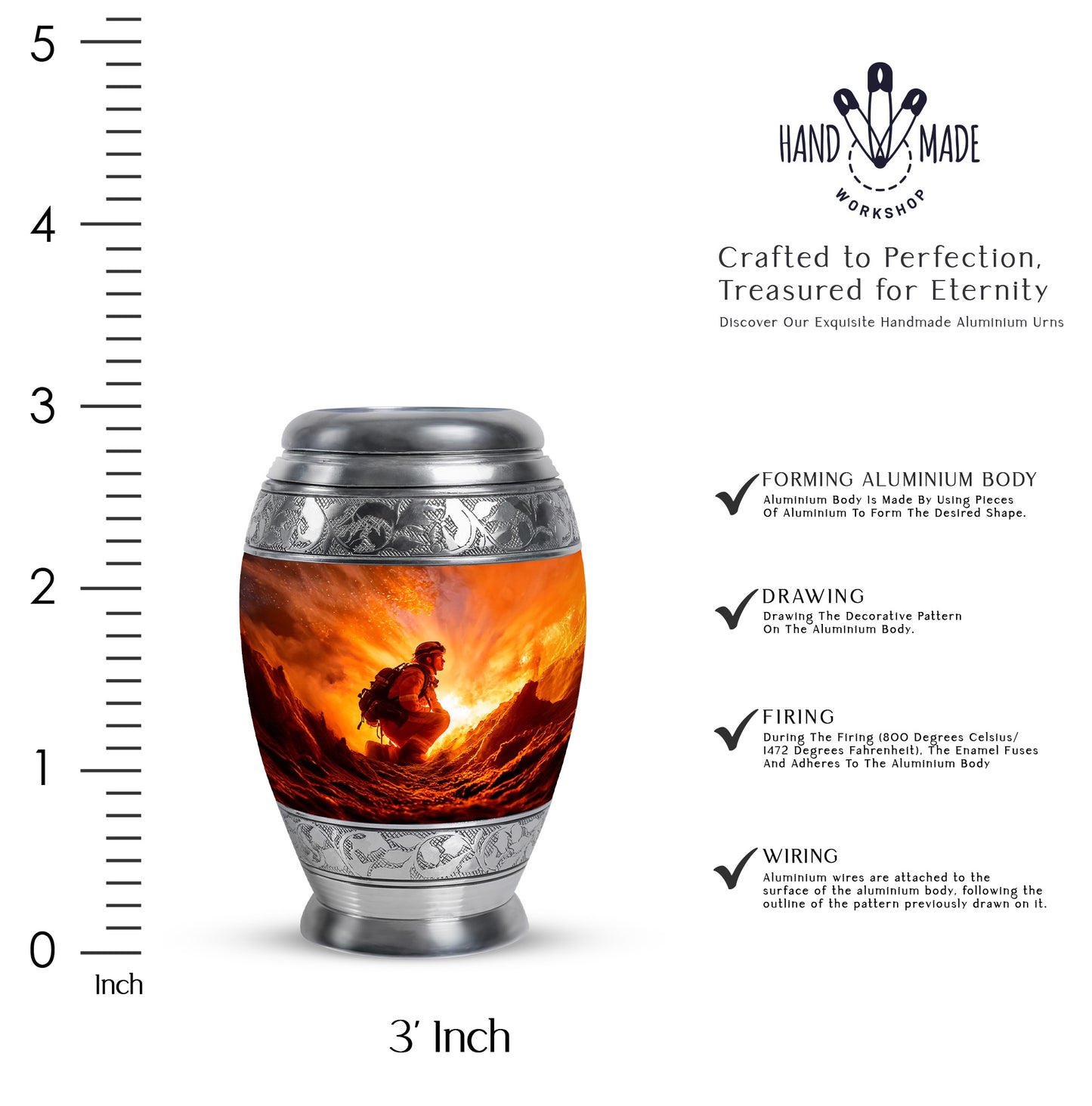 Rich Red Firefighter Cremation Urn lifestyle display on memorial shelf - royal firefighter engraving with decorative scrollwork - mini keepsake memorial for portion of cremation ashes