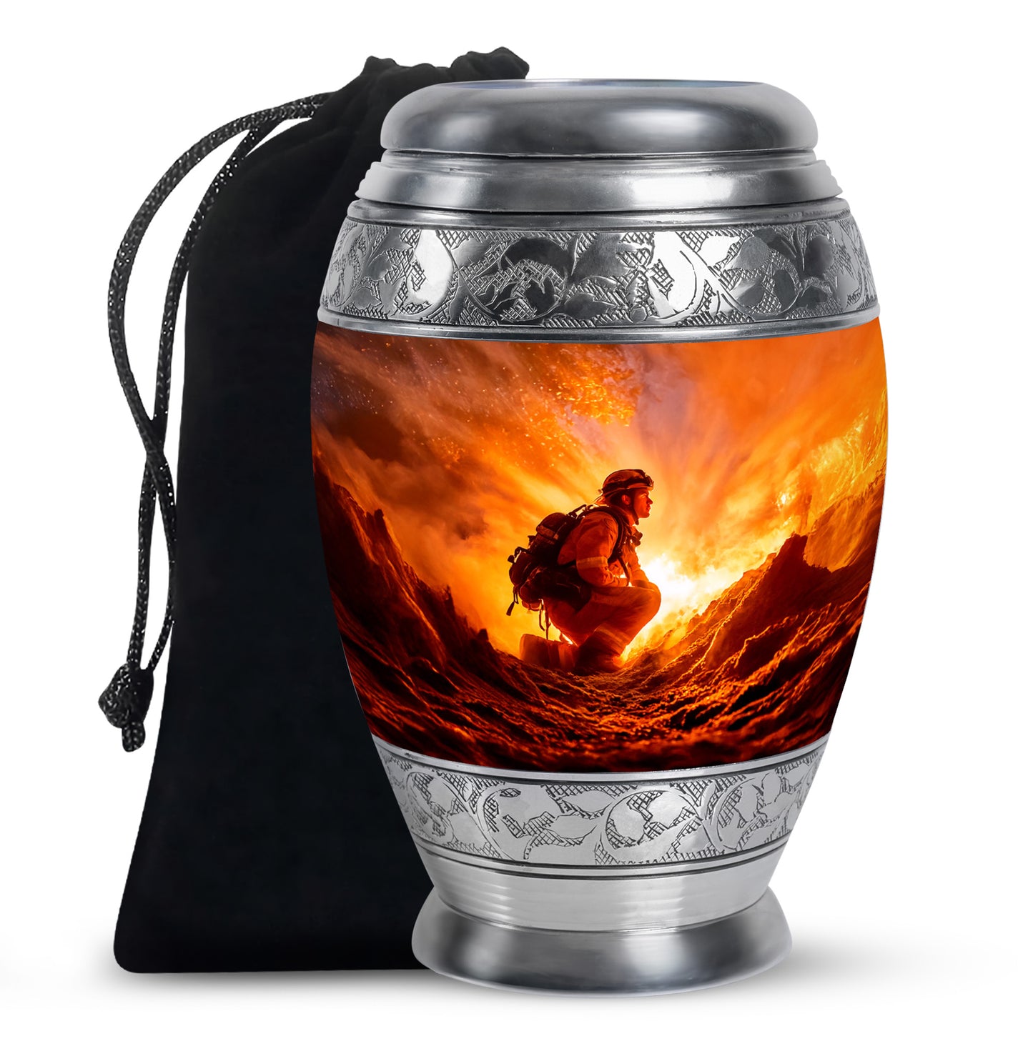 Scarlet Red Firefighter Cremation Urn back view with polished surface - majestic firefighter pattern with filigree border - full-size 10 inch 200 cubic inch adult cremation urn
