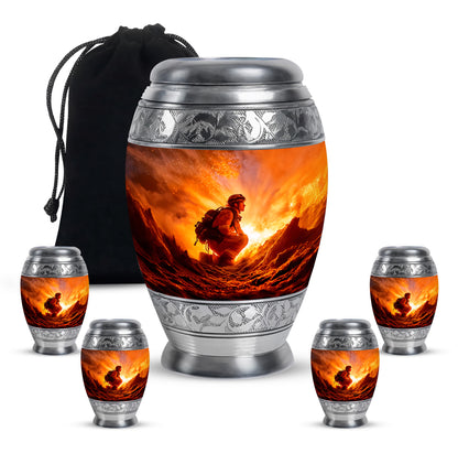 Wine Red Firefighter Cremation Urn detail view - ornate monarch-style firefighter relief on brushed aluminum - memorial set with one large and four small urns