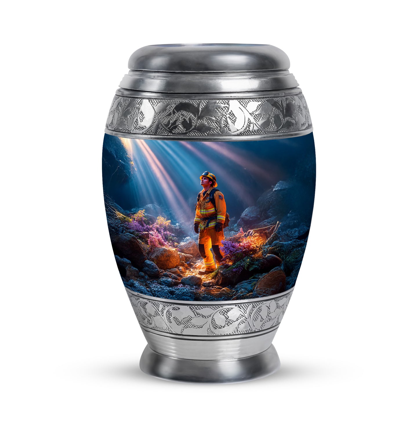 Blue Stately Firefighter Cremation Urns for Human Ashes - 10-inch, 200 cu in - Yatskia