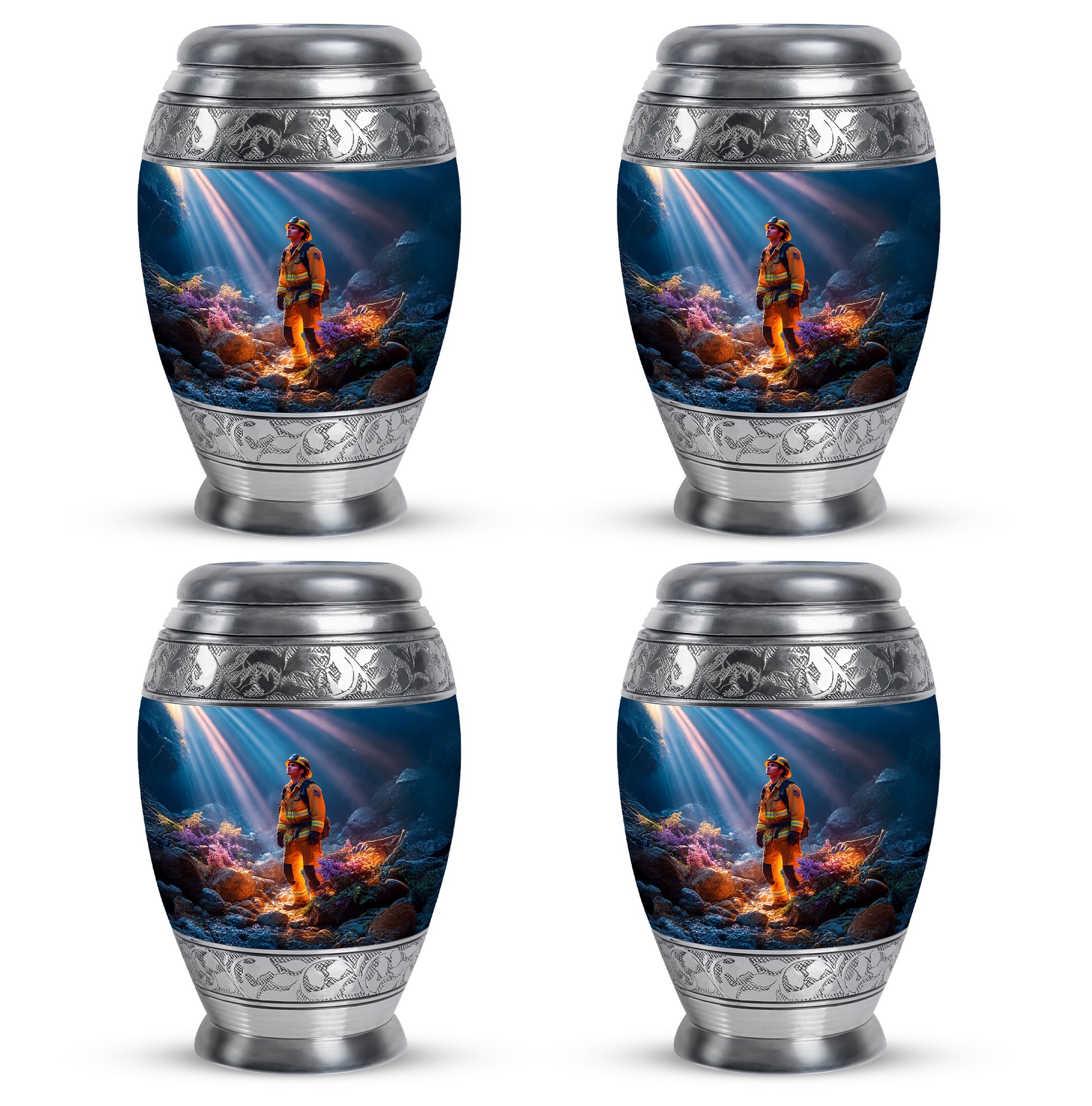 Bright Blue Firefighter Cremation Urn urn with complimentary velvet bag - royal firefighter engraving with decorative scrollwork - 10 inch aluminum urn for cremated remains