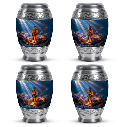 Bright Blue Firefighter Cremation Urn urn with complimentary velvet bag - royal firefighter engraving with decorative scrollwork - 10 inch aluminum urn for cremated remains