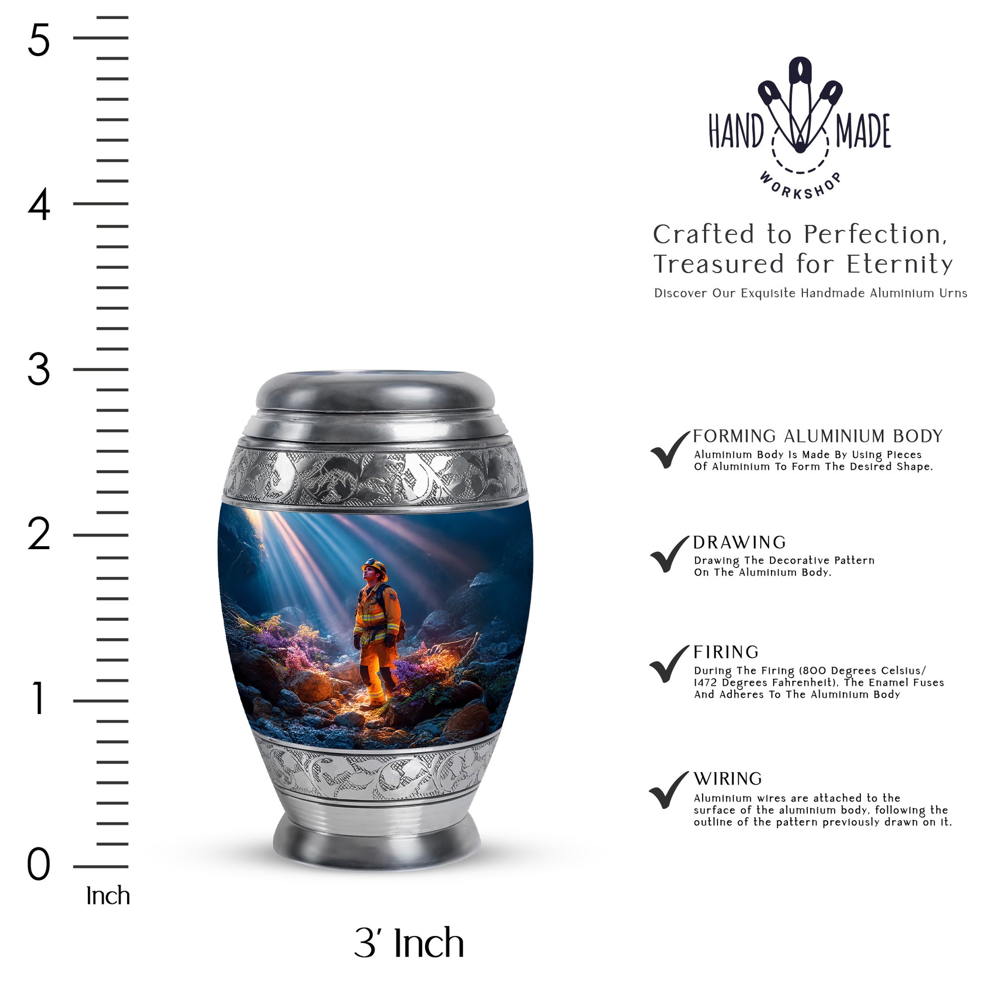 Powder Blue Firefighter Cremation Urn lifestyle display on memorial shelf - ornate monarch-style firefighter relief on brushed aluminum - mini keepsake memorial for portion of cremation ashes