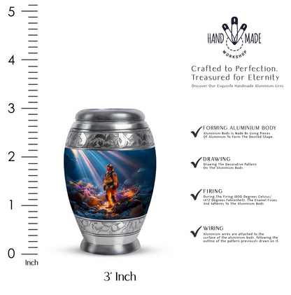 Powder Blue Firefighter Cremation Urn lifestyle display on memorial shelf - ornate monarch-style firefighter relief on brushed aluminum - mini keepsake memorial for portion of cremation ashes