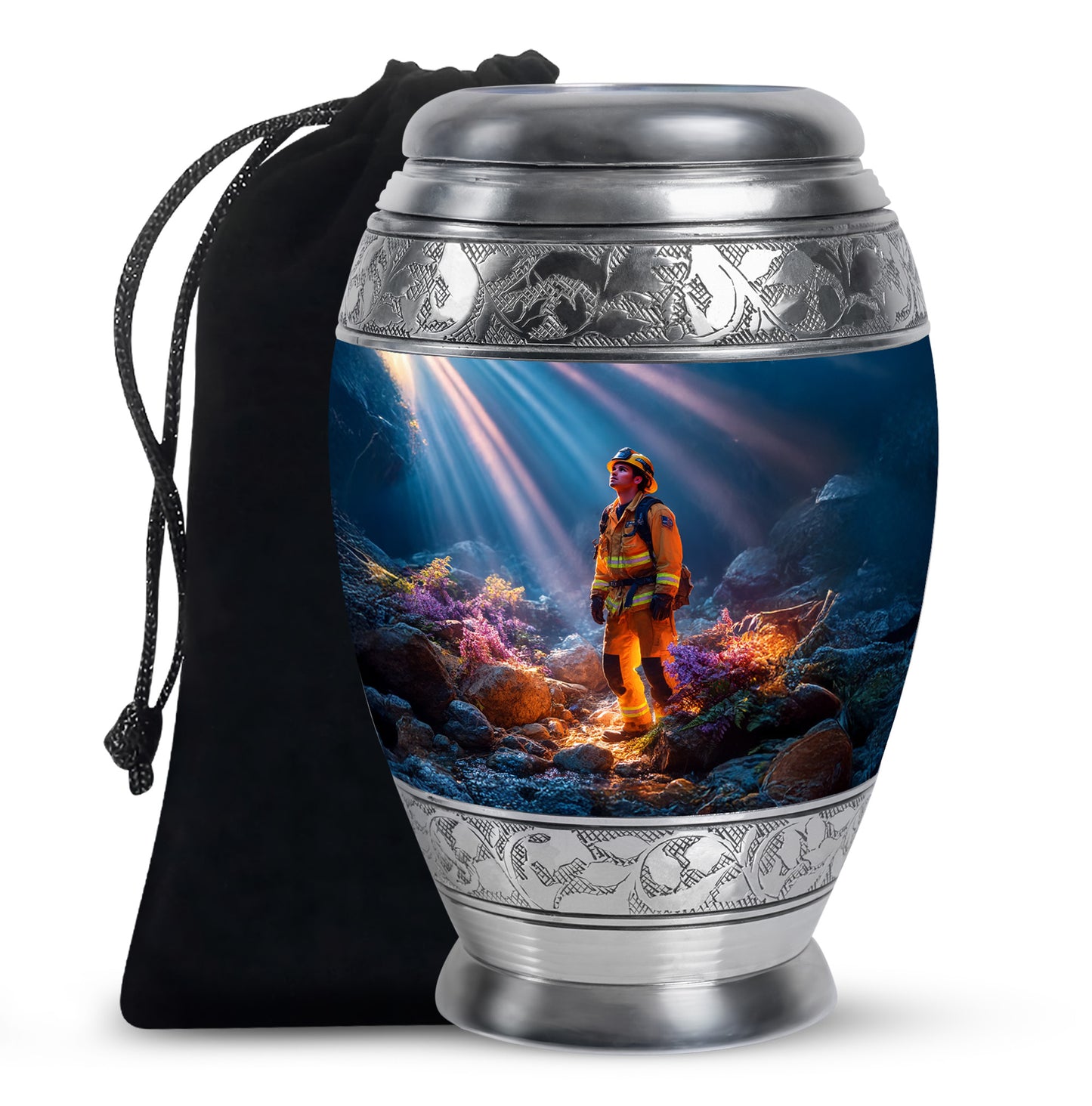 Powder Blue Firefighter Cremation Urn back view with polished surface - regal firefighter design with crown-inspired accents - full-size 10 inch 200 cubic inch adult cremation urn
