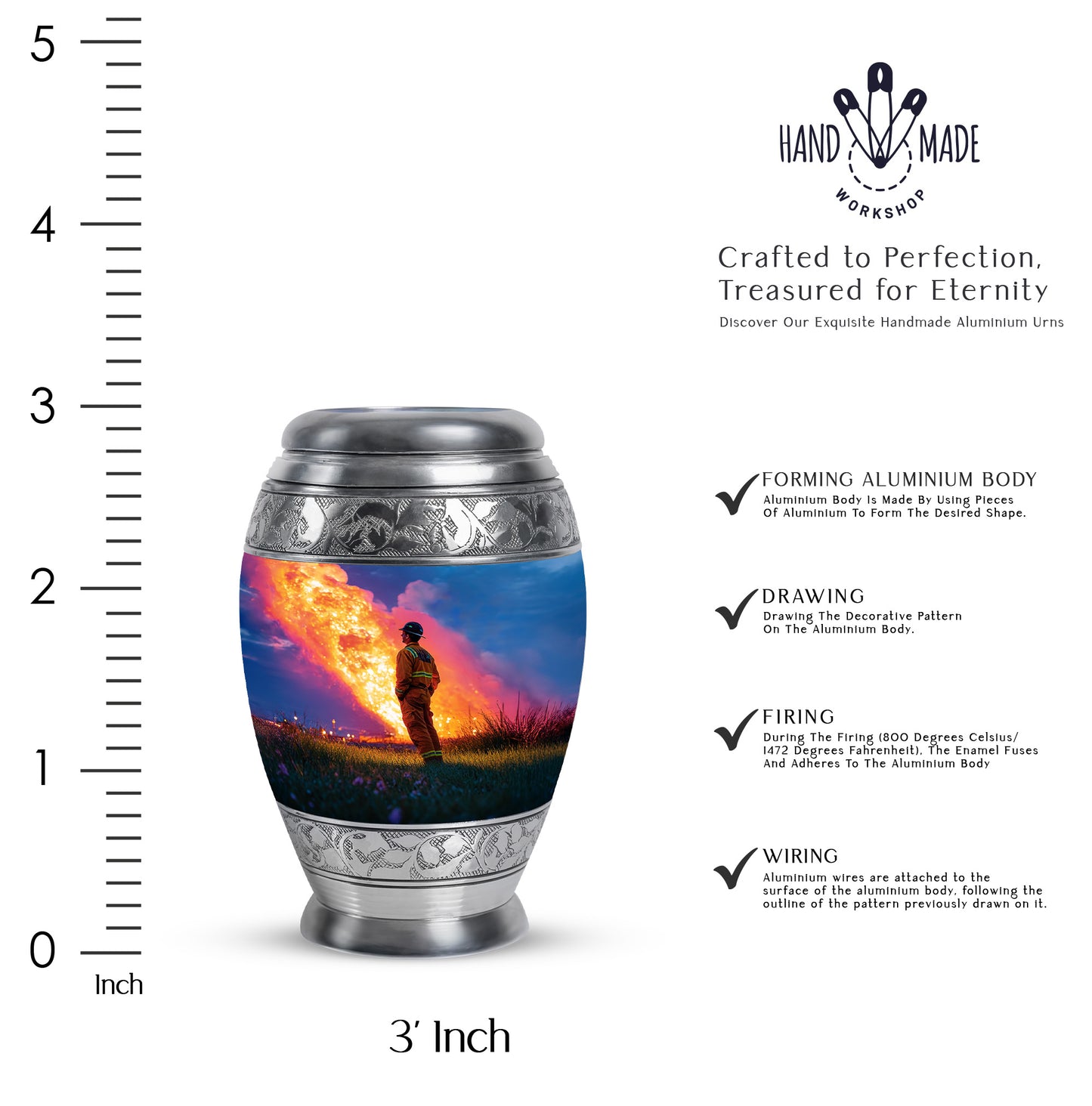 Steel Blue Firefighter Cremation Urn lifestyle display on memorial shelf - majestic firefighter pattern with filigree border - mini keepsake memorial for portion of cremation ashes