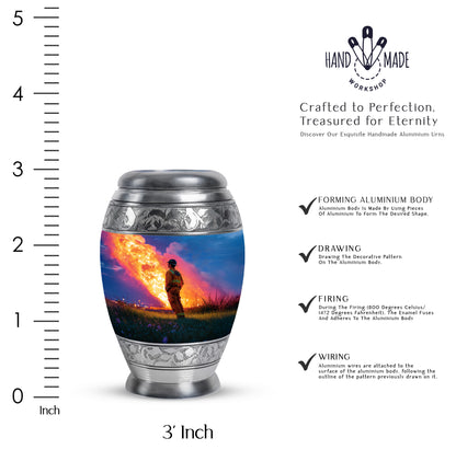 Steel Blue Firefighter Cremation Urn lifestyle display on memorial shelf - majestic firefighter pattern with filigree border - mini keepsake memorial for portion of cremation ashes